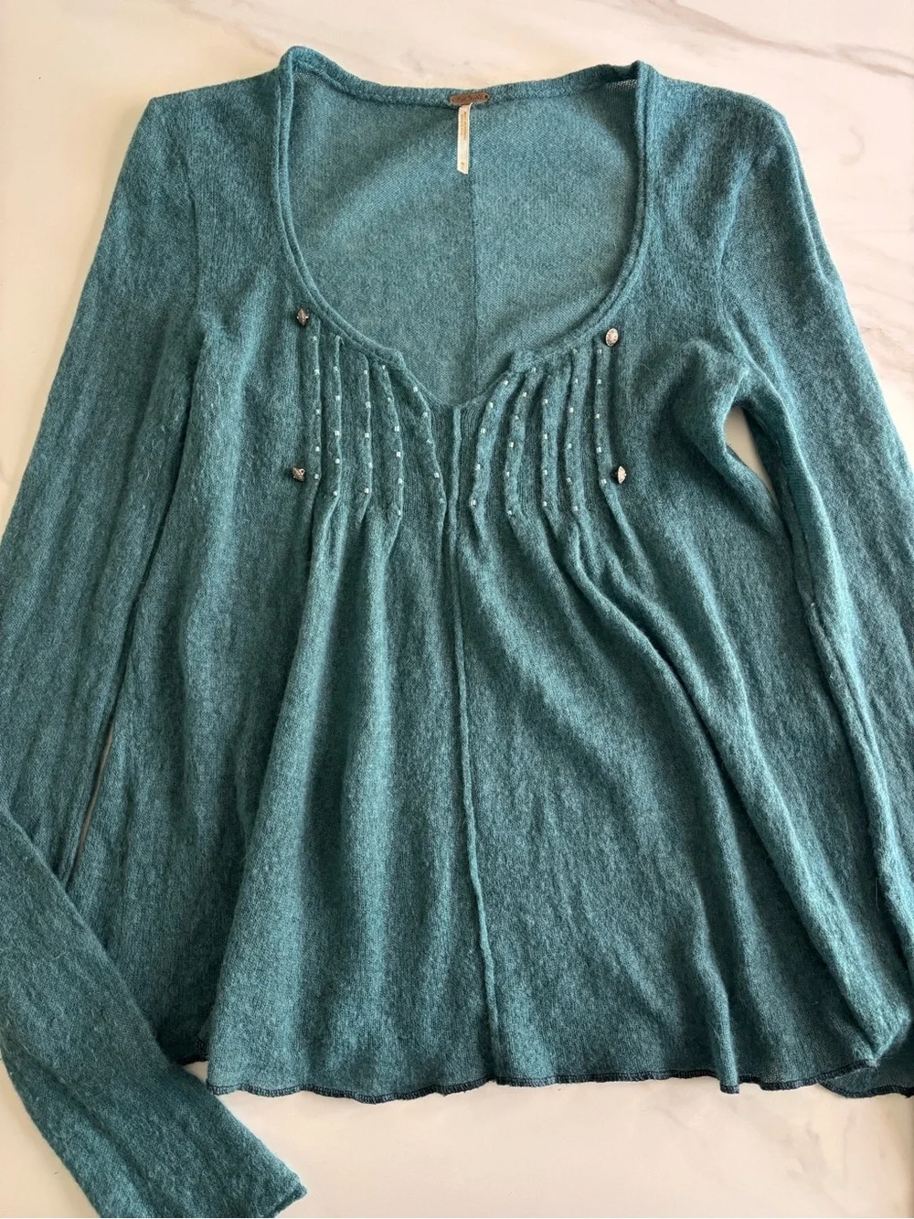 Free People Teal Fuzzy Knit Top Wool & angora blend sz M